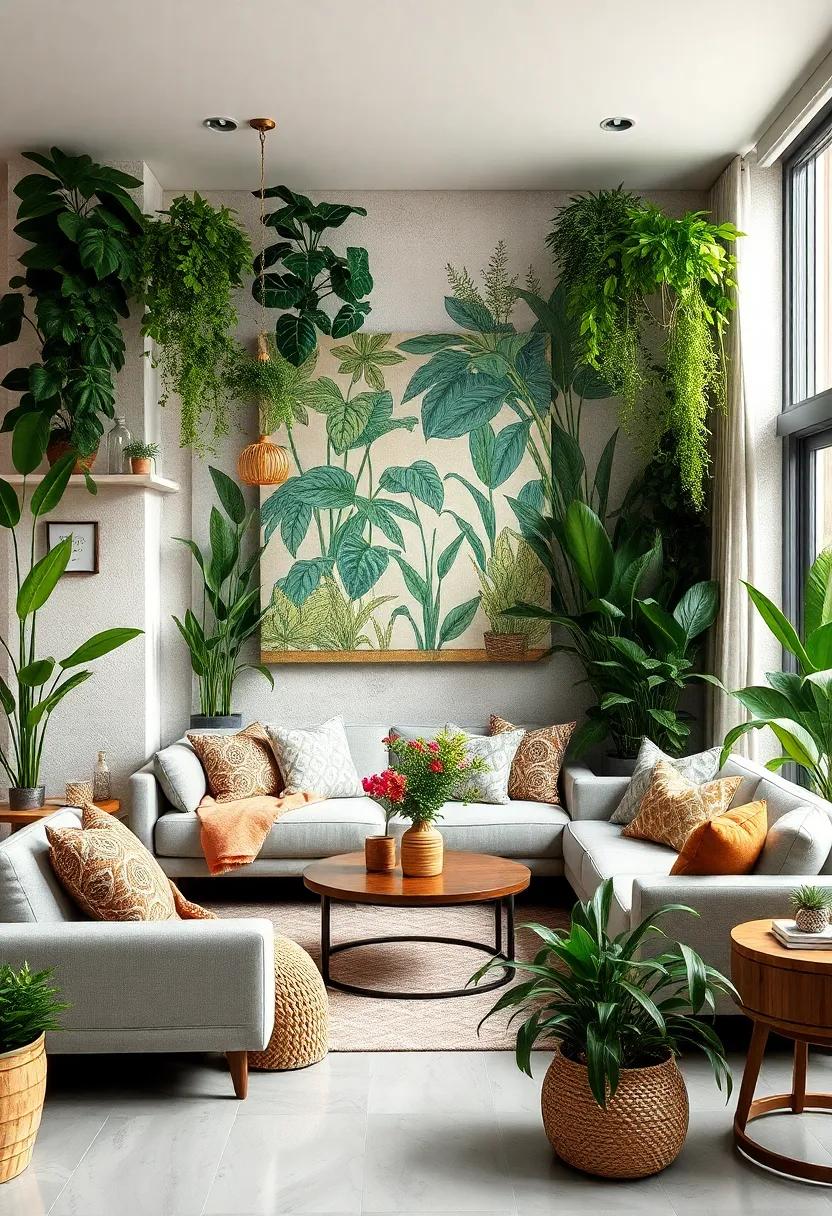 Use‌ statement⁤ pieces like‌ an oversized ⁣garden-themed mural​ or⁤ artwork to complement your‌ greenery and tie the room⁣ together