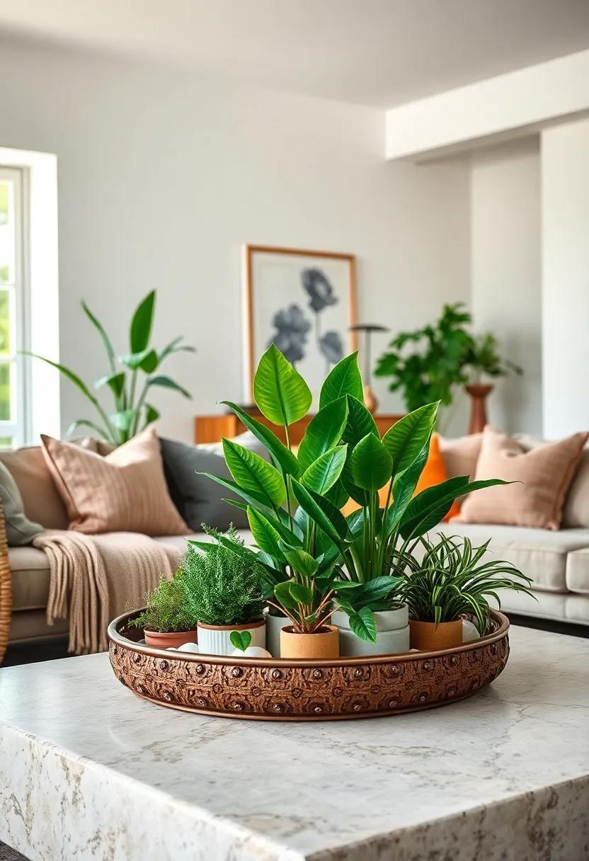 Cluster⁣ smaller plants ⁢on a decorative tray⁢ to create a mini⁢ plant “garden” ‍that draws attention without‌ cluttering