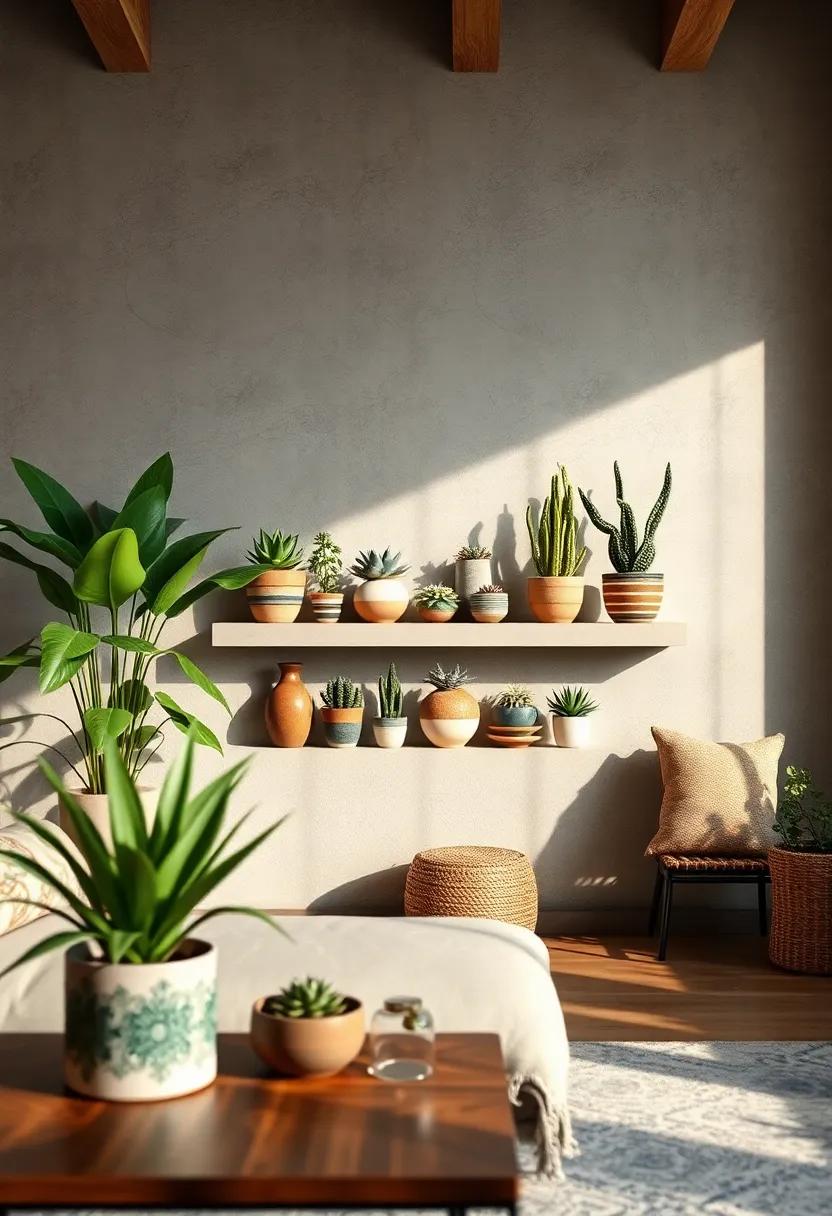 Place a collection of unique⁣ ceramic pots ​on ‌a floating shelf,‌ showcasing ​a ⁣variety of succulents​ and cacti for texture