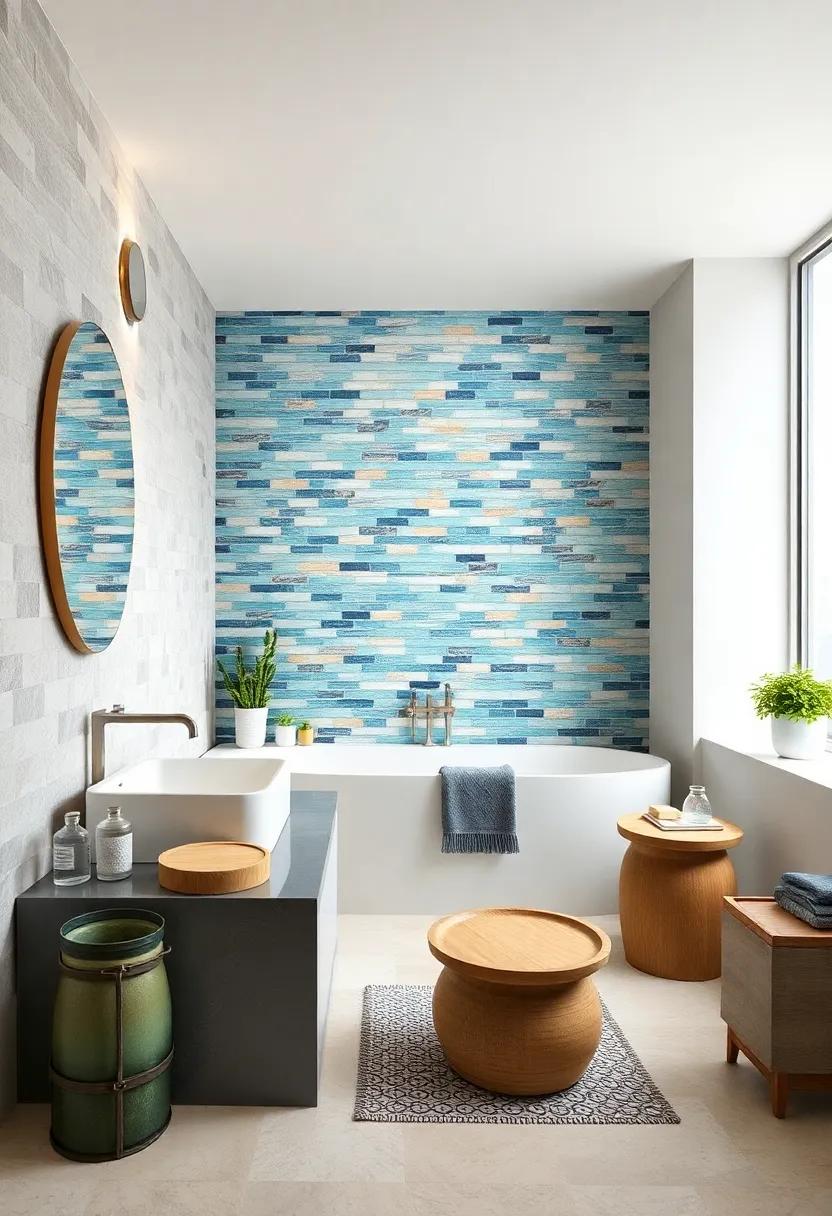 Mosaic Tile Accents: Create a stunning feature wall with mosaic tiles in ocean colors, capturing the essence of sea waves and marine life