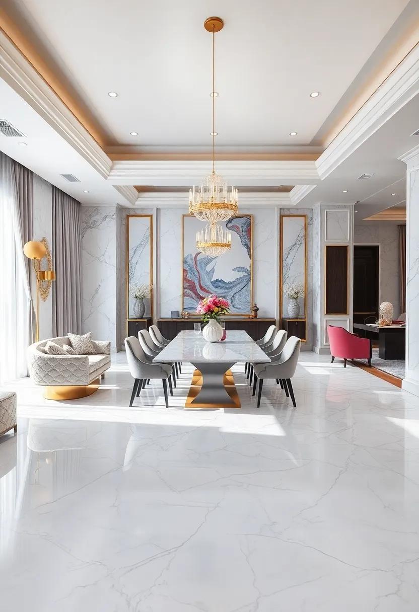 Opulent White Onyx: This dining room features ​gleaming white onyx marble ⁤flooring, creating an ethereal atmosphere paired with⁤ gold​ accents and plush velvet ⁢seating