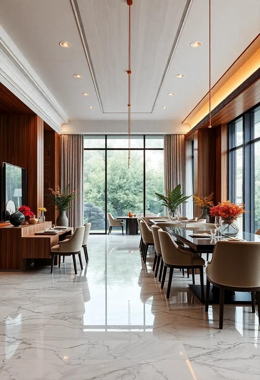 Marble and Wood ⁣Fusion: Borrowing from nature, this dining area seamlessly blends rich⁤ wooden elements with glossy marble ⁢tiles, enhancing warmth ‌while ⁤maintaining a ⁤luxe vibe