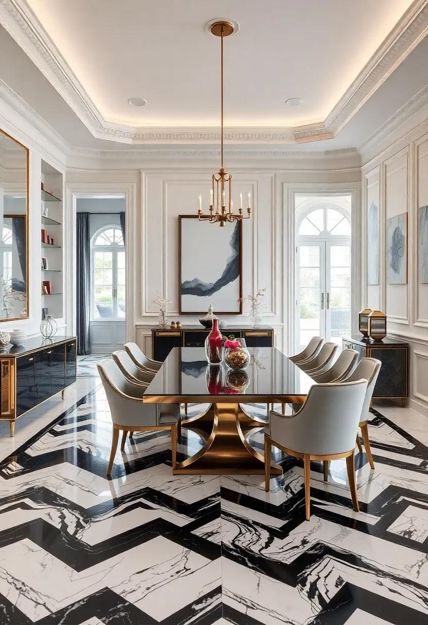 Classic Black and White: ⁢Timeless elegance reigns⁤ in​ this‍ dining room where bold⁢ black and ⁢white chevron marble ⁢flooring‌ sets a dramatic‍ tone ⁢complemented by ⁣sleek‍ metallic furnishings