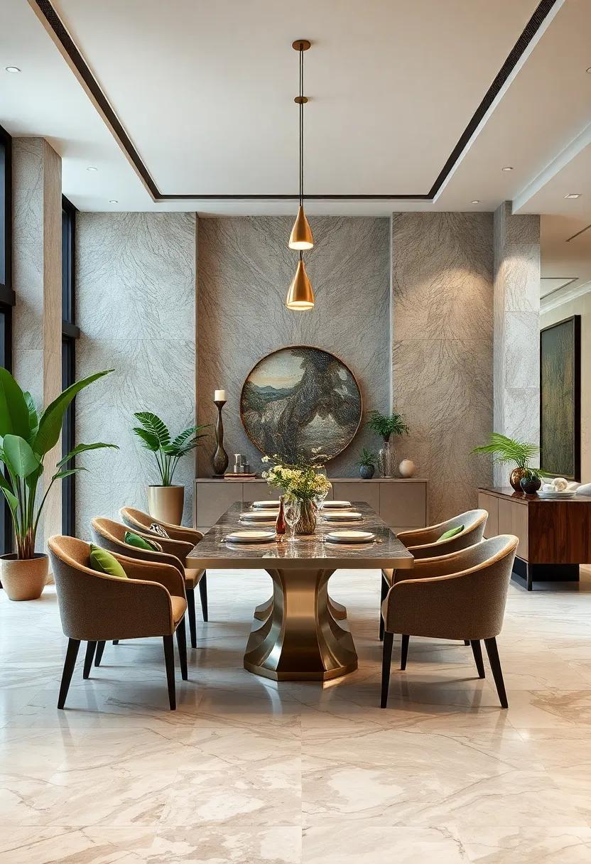 Nature’s Palette: Earthy ⁢tones and organic⁢ patterns in the‌ marble mimic the beauty of the natural world, providing a calming backdrop ‌in this dining room adorned with⁣ greenery