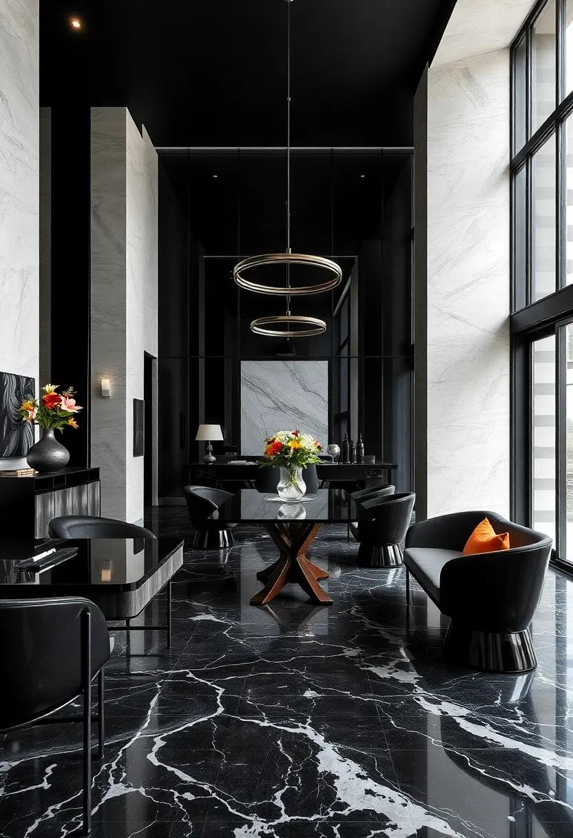Monochrome Majesty:​ A monochrome palette in ‍this sleek​ dining area combines dark marble flooring with high-gloss black furniture, ​exuding⁤ modern⁤ sophistication and ⁣refinement