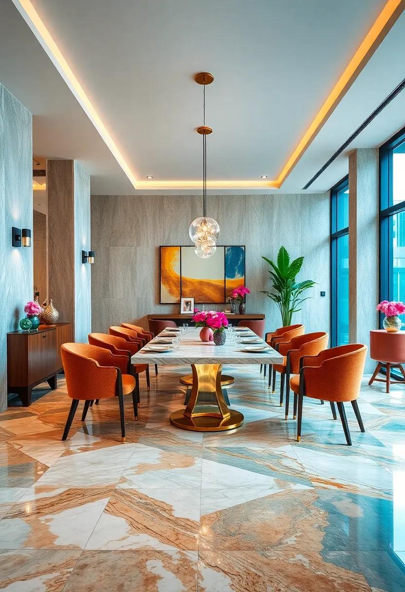 Vibrant ‌Accents: Bold, colorful ⁢marble ​flooring adds ⁣a ⁤playful flair to this dining ‌space, where ⁤vibrant hues ‍mingle⁣ with artistic decor for ​a⁢ lively yet luxurious dining experience