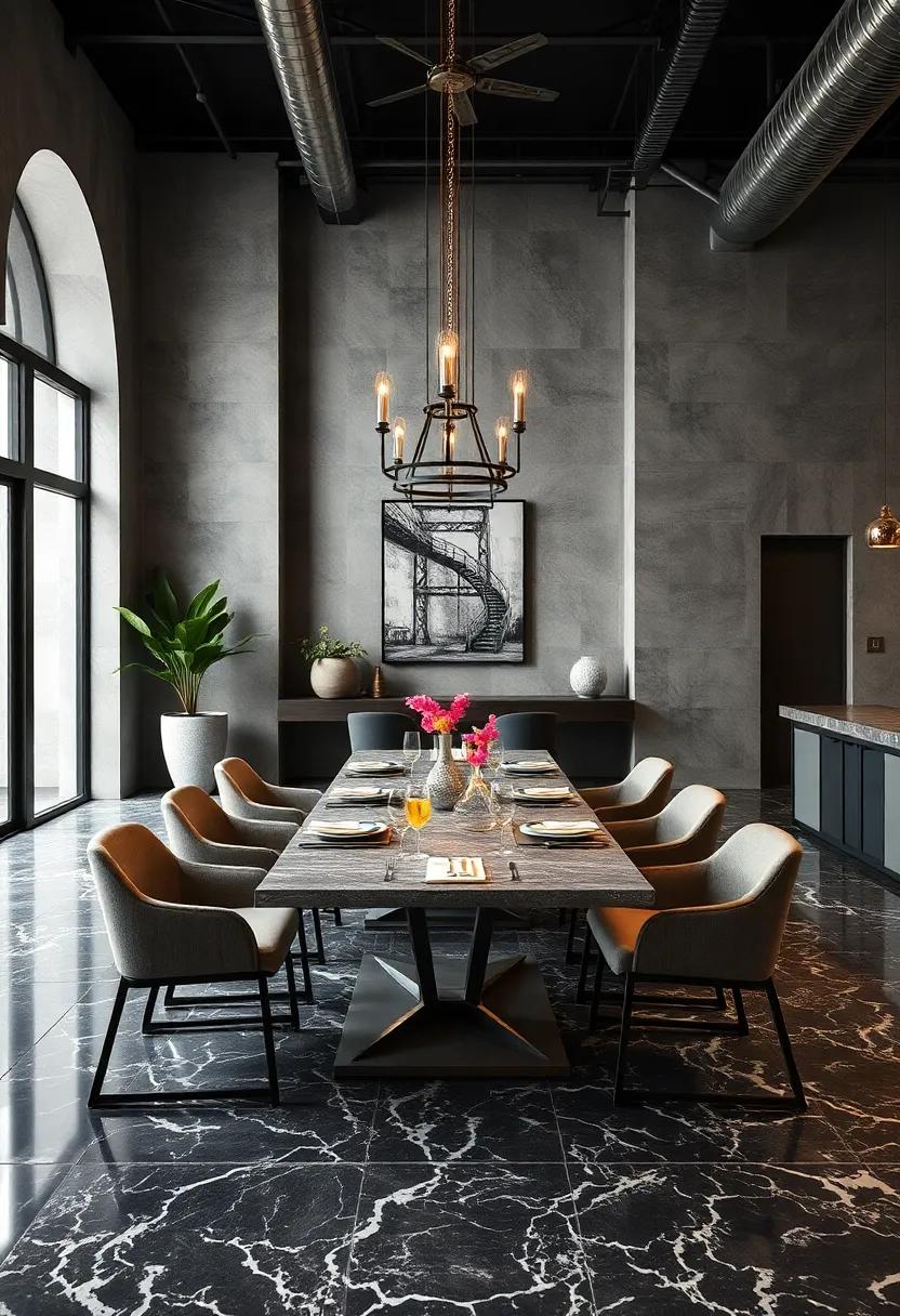 industrial​ Chic: Dark veined⁣ marble combines with raw metal accents to create ‍a⁢ striking⁤ contrast in this industrial-style dining area, balancing luxury with a ‍touch of ruggedness