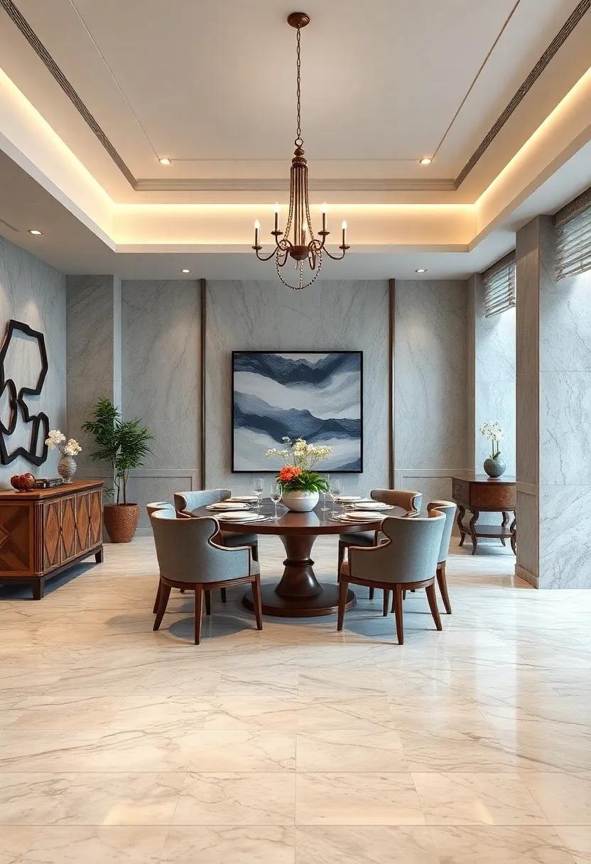 Timeless Touches: The luxury of classic‍ marble flooring meets ​vintage furnishings in this⁢ dining room, offering⁢ an inviting atmosphere steeped in timeless‍ charm