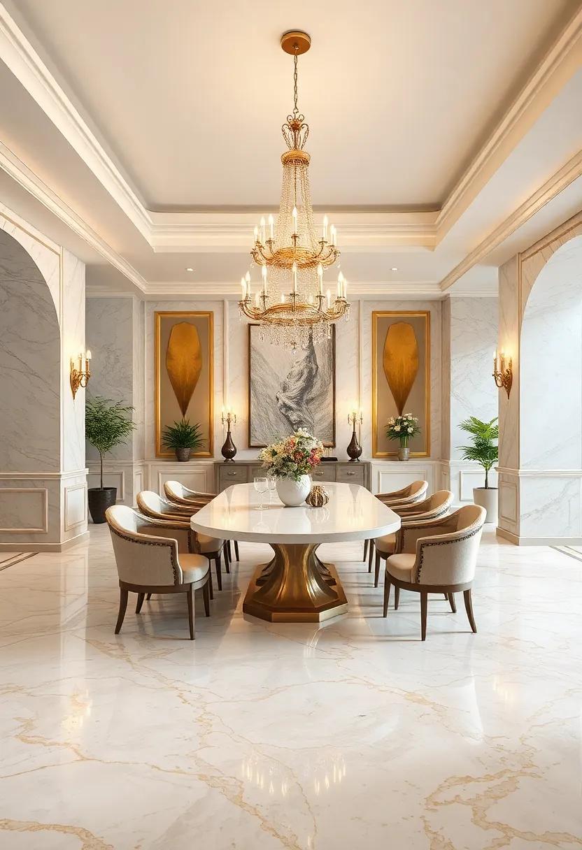 Gold and Cream Elegance: An⁢ enchanting⁤ blend of cream-colored marble with golden flecks crafts​ a​ luxurious ‌foundation in this​ formal ‍dining⁢ room, accentuated ‍by ⁢ornate chandeliers