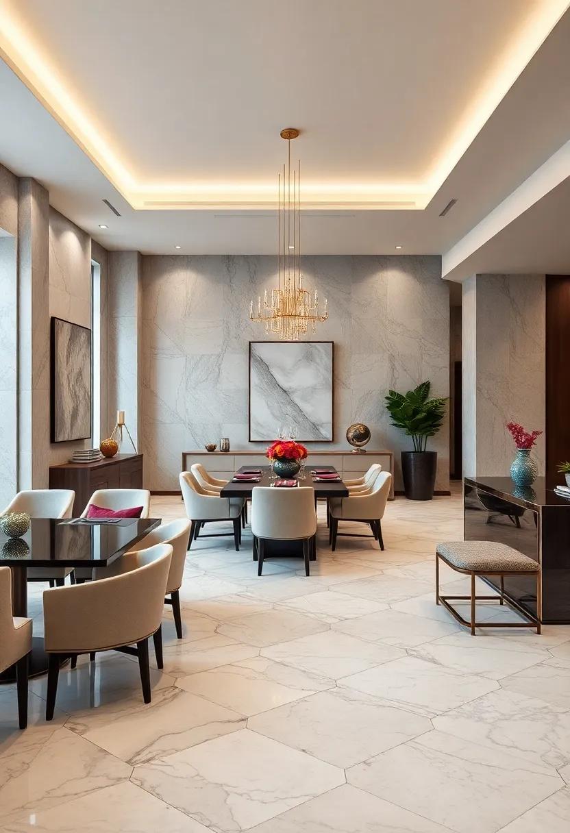 Geometric Glam: Contemporary design takes flight‍ in this dining‍ room with‌ polished triangular marble tiles, creating an avant-garde look ‌that ⁣jazzes up traditional dining events