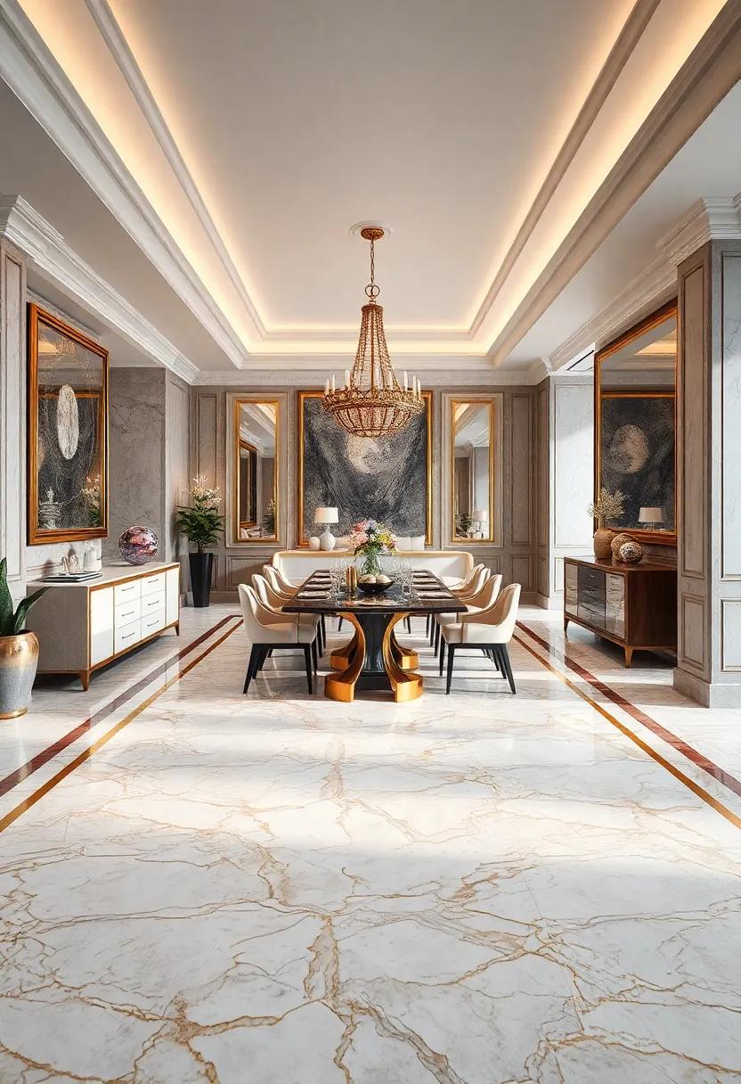 Regal‍ Flourish: Palatial features​ abound in ​this dining area‍ with intricate marble flooring bordered by gold leaf detailing,offering ⁢an unparalleled level ‍of grandeur