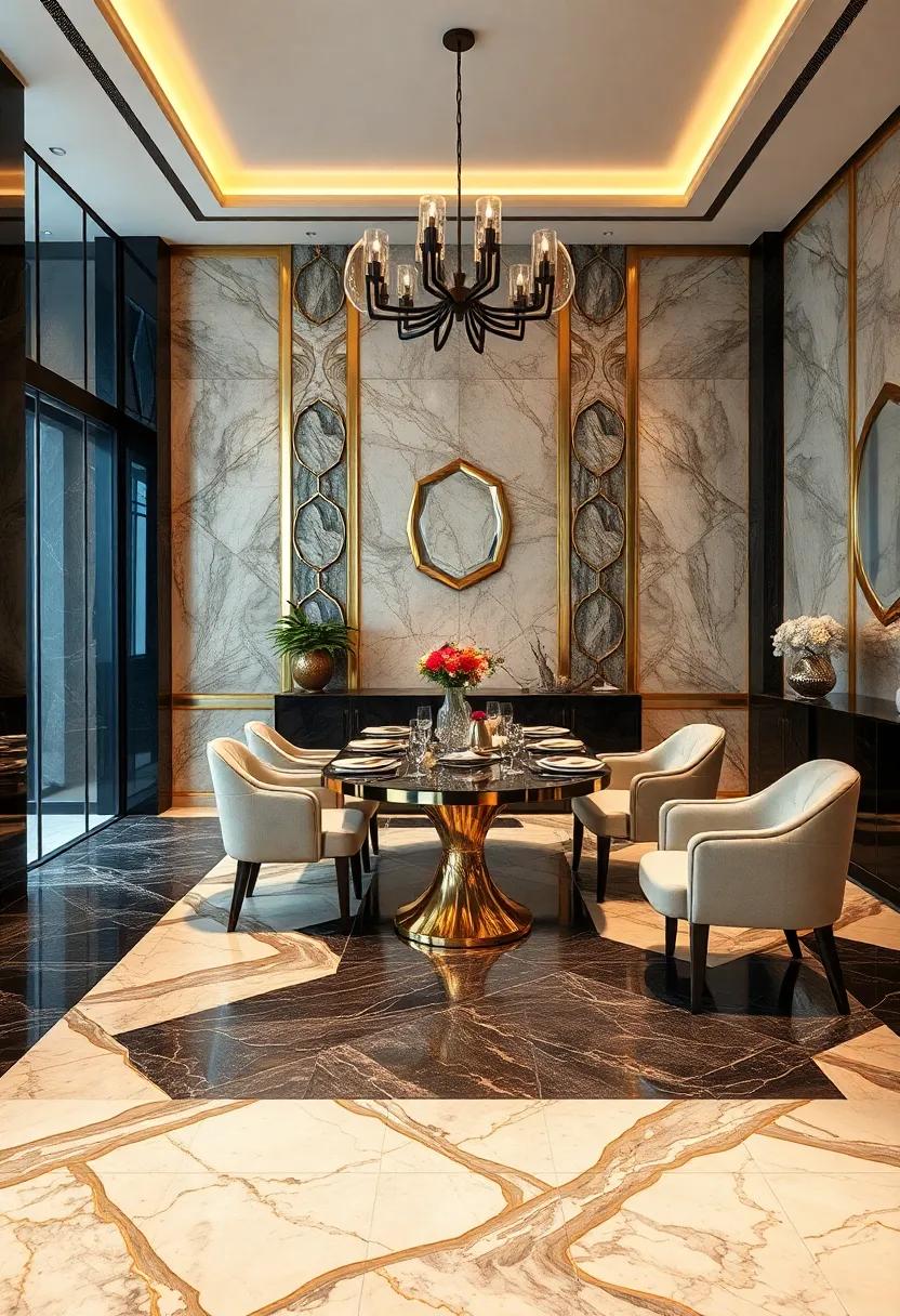 Art Deco Glamour: The ⁢shiny, geometric marble tiles in ⁢hues of black and gold evoke ‍a luxurious Art Deco style, setting a⁣ glamorous⁣ scene for elegant​ dinners