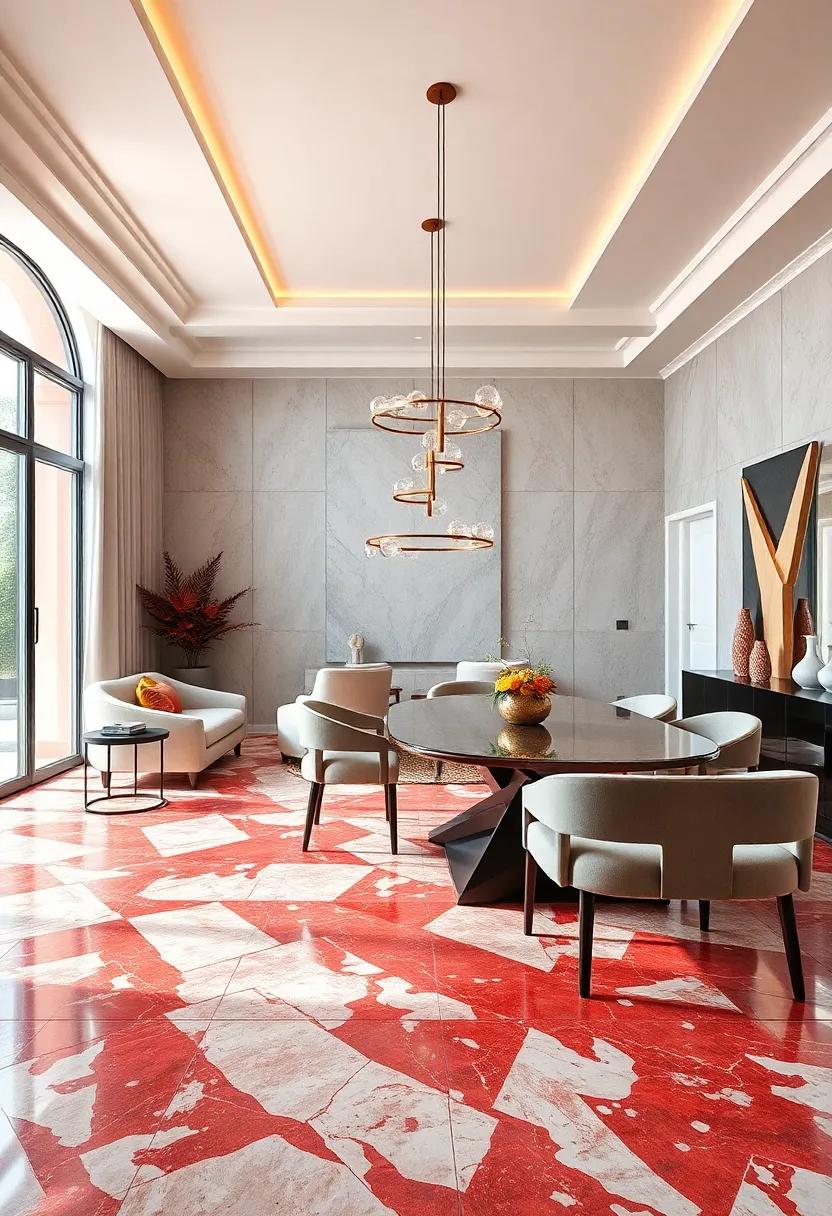 Sizzling ‌Contrast: The vibrant ‍red-veined ⁢marble flooring electrifies‌ the atmosphere of this chic dining room, perfectly paired‌ with sleek⁢ modern furnishings⁢ for a ⁤stylish⁤ finish