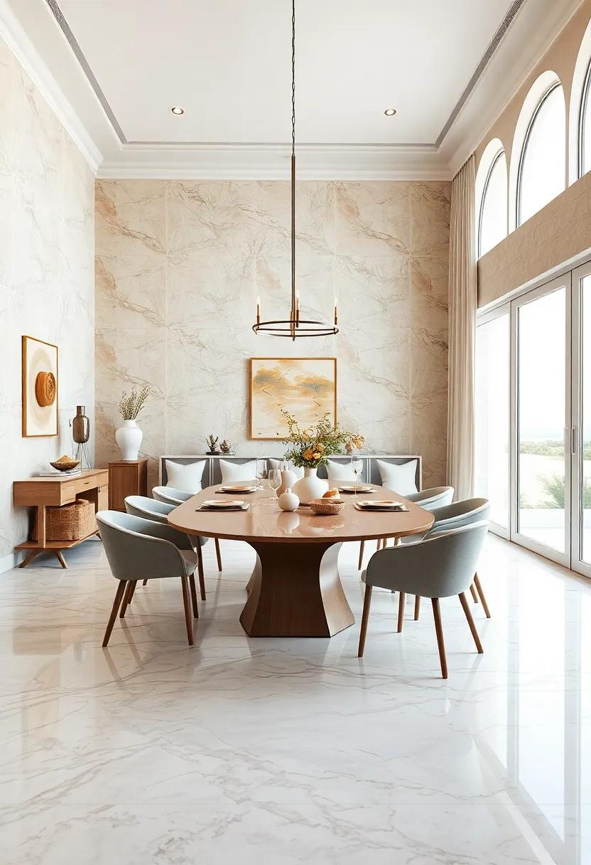 Coastal Inspiration: The⁢ soft ​beige⁢ and white marble mimics sandy⁣ shores, ​offering a serene ambiance in ⁤this⁤ bright coastal-themed dining ⁤room with airy fabrics and natural decor
