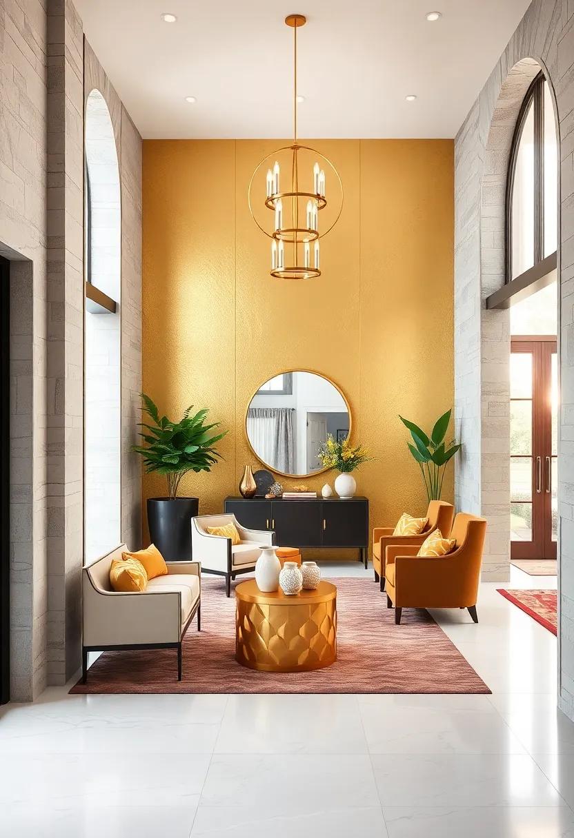 Glamorous Gold Accent⁤ Wall: Consider creating an accent wall painted in a shimmering gold hue to give ⁤your entryway a stunning focal point