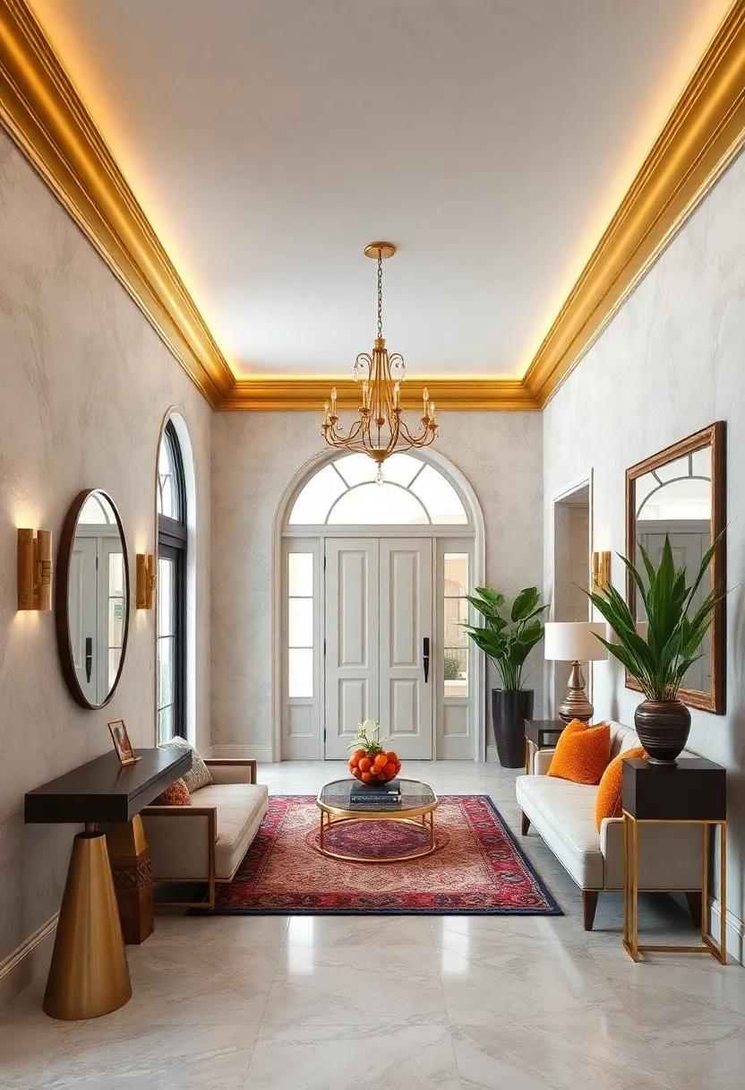 Gold Crown ‌Molding: Adding gold crown molding along the ceiling can instantly elevate the design of your entryway, providing ​an unexpected luxe finish