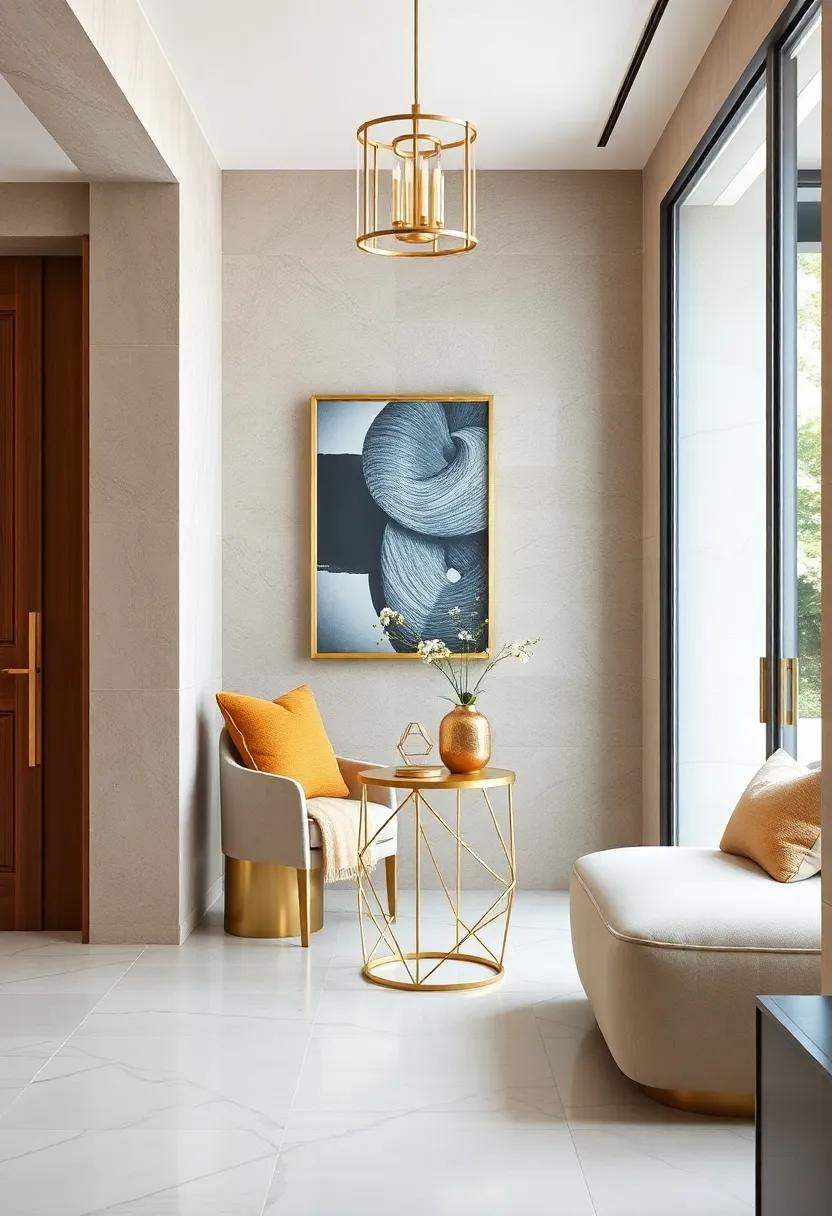 Gold Geometric Accent Table: pair functionality with elegance by introducing a small, gold⁤ geometric accent table that ​can hold⁣ keys or decorative items