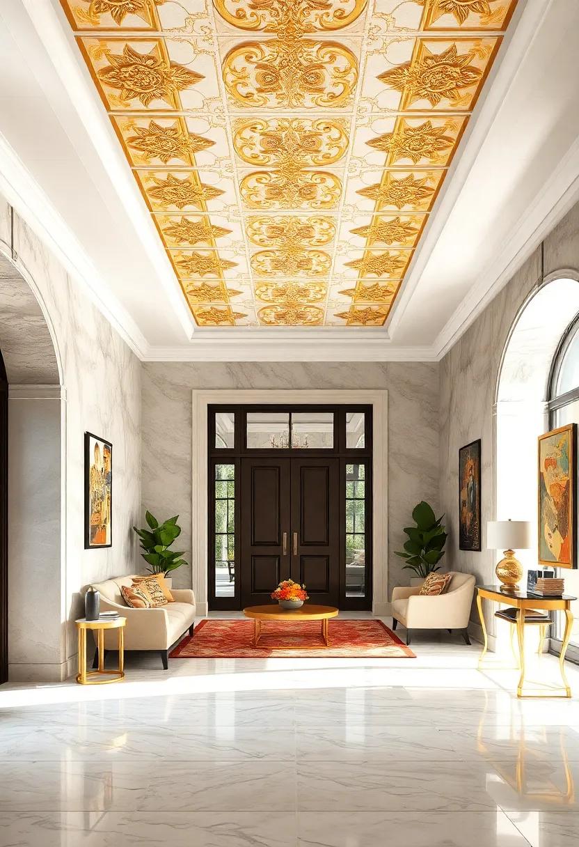 Gold-Embellished Ceiling Tiles: Elevate the ceiling with stunning gold-embellished⁣ tiles that catch the⁢ eye and create a sense of‍ grandeur as​ you enter