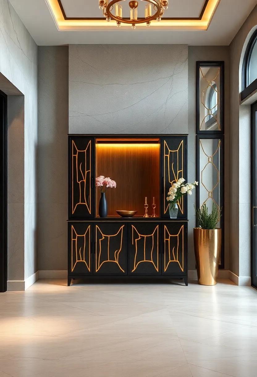 Gold-Inlay Custom Cabinet: ​Invest in a custom ‍cabinet with gold inlay details, providing both storage⁤ and a stunning focal point in the hall