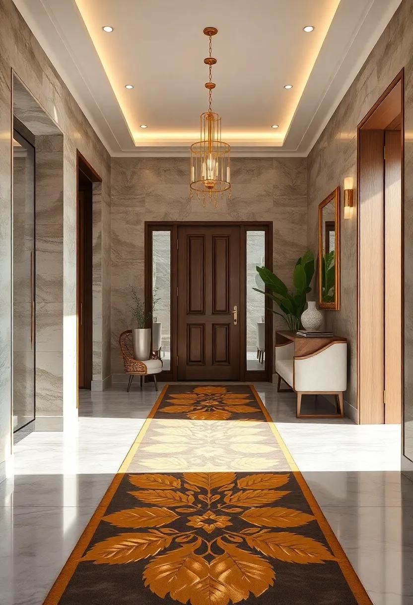 Gold-Leaf Runner: A stylish runner inlaid with golden‌ details can create a striking path from ⁣the​ door into your home, blending​ beauty ⁢with practicality