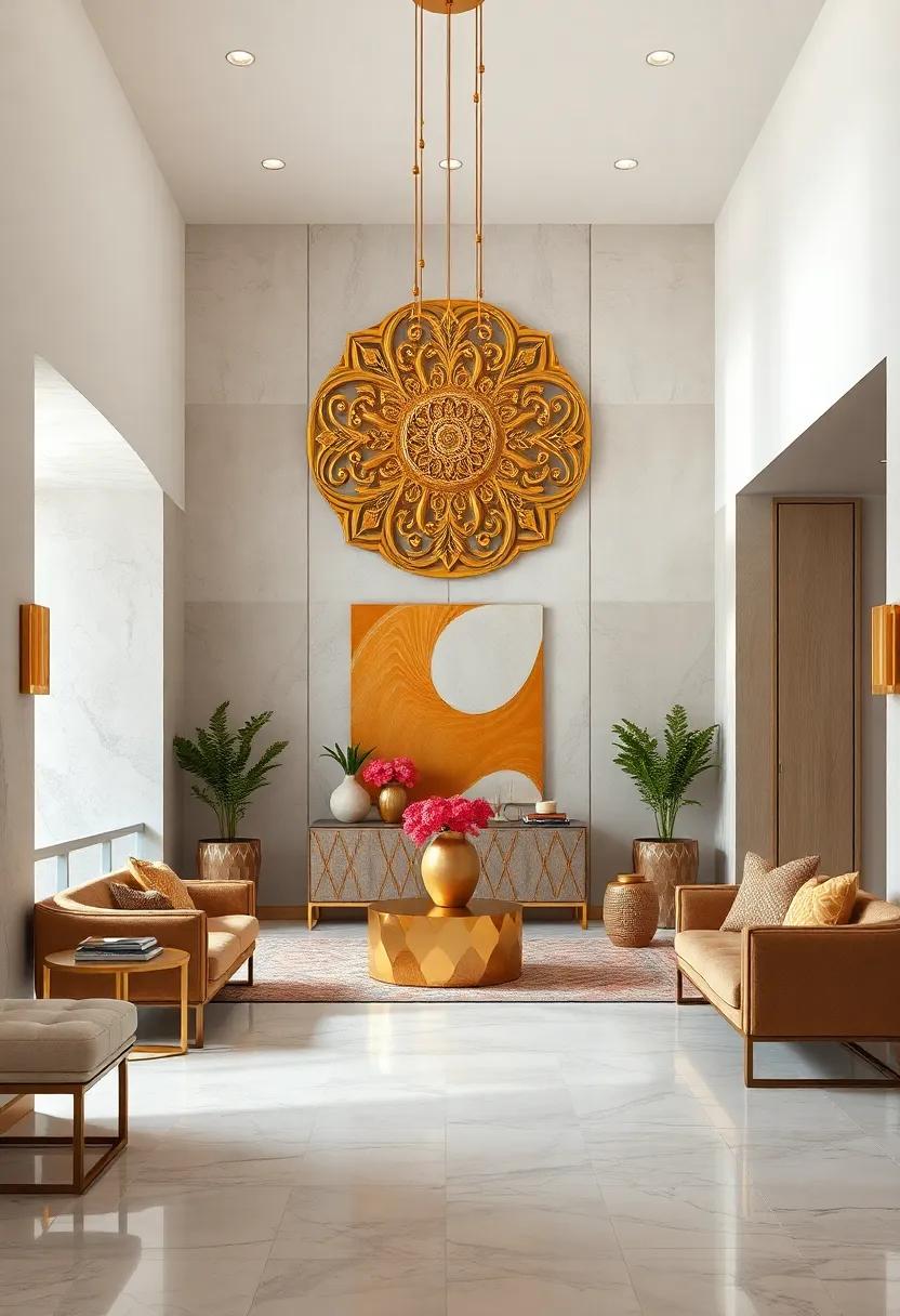 Intricate Gold Wall Art: Install intricate wall art with gold accents to create a stunning ‍gallery‍ effect that greets guests as they enter