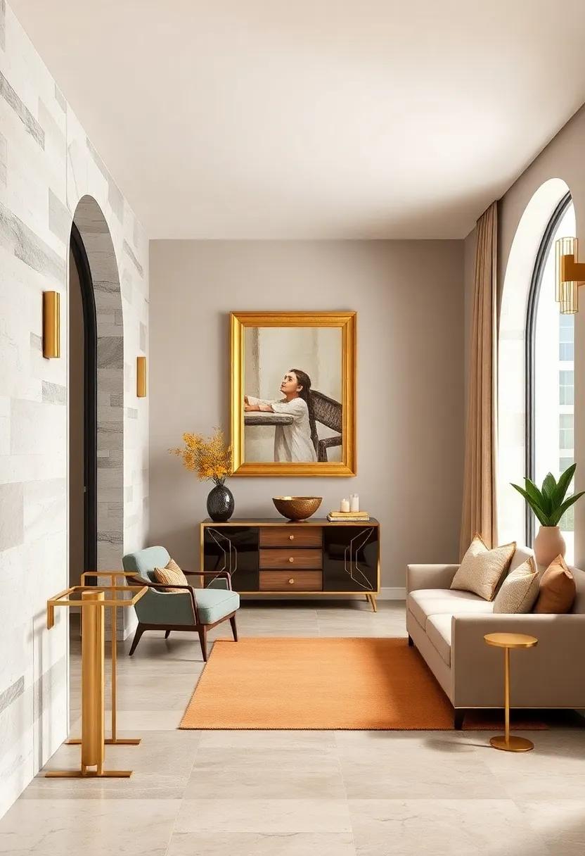 Luxe Gold Framed Artwork: Hang a ​piece of artwork in a gold frame to tie the ⁣color scheme⁢ together and add character ⁣to your entryway
