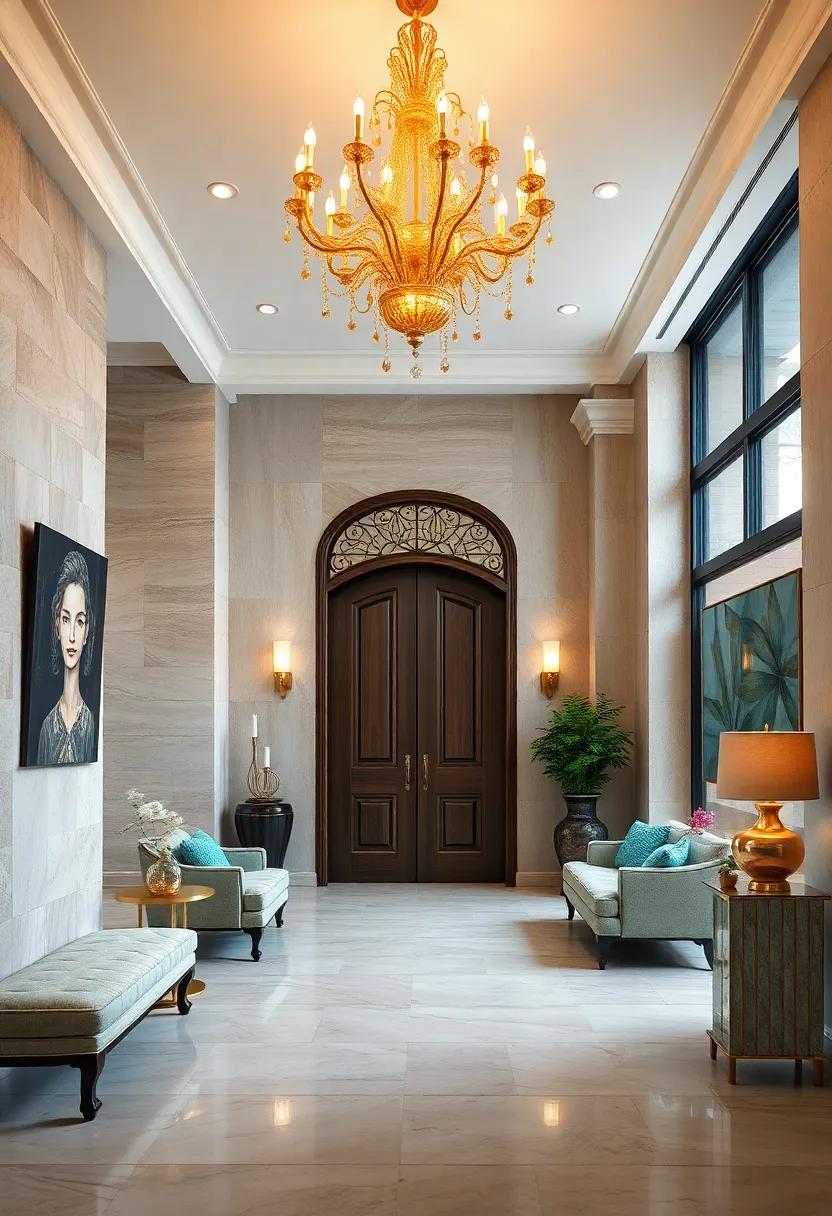 Opulent Gold Chandelier: A dramatic chandelier with gold finishes ‌can instantly elevate your ⁢entry space,providing a striking first impression