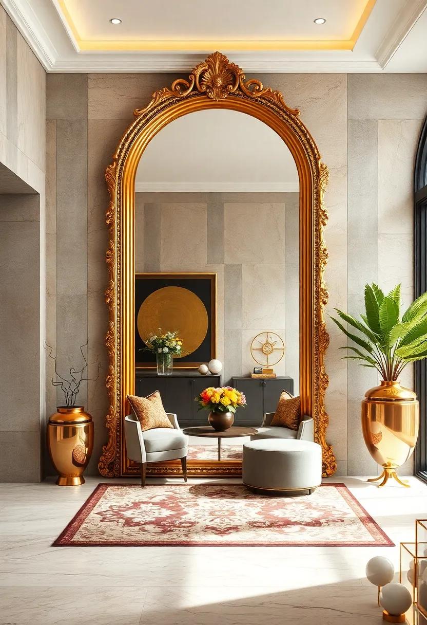 ornate Gold Mirror: A grand mirror with an intricately ⁣designed gold ⁣frame reflects elegance while making ‍the ⁣space feel larger and brighter