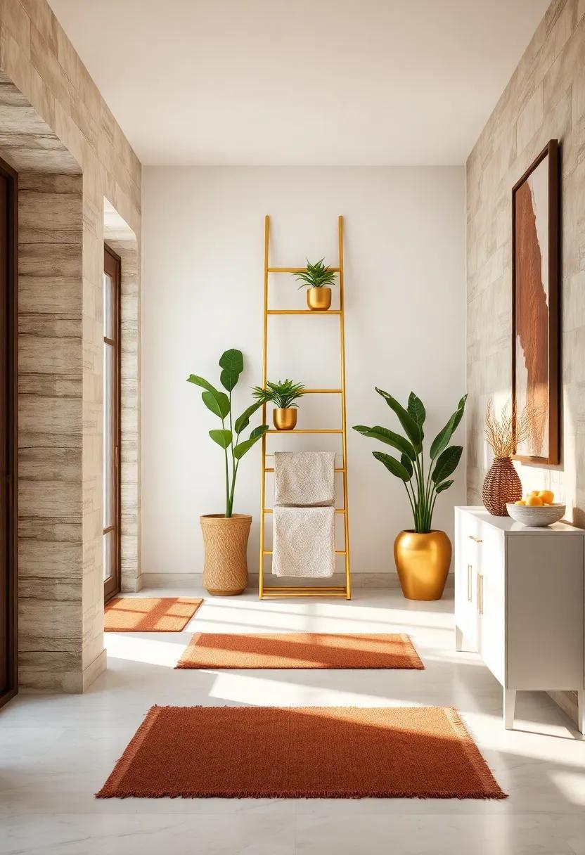 Sleek ​Gold ladder Display: Use a gold ladder⁤ as a display piece for blankets or plants, ‍adding texture ‍and warmth to your entryway