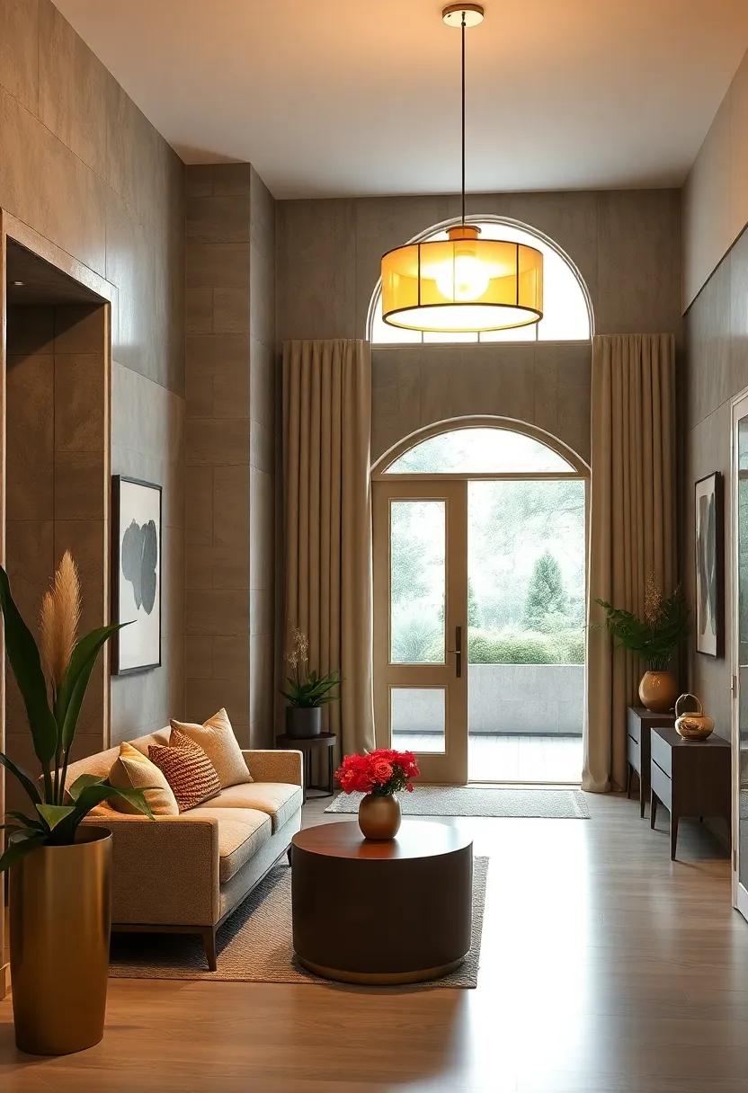 stylish⁢ Gold Pendant Light: Illuminate the entryway with ⁢a stunning​ gold pendant light that serves as ⁢a statement piece, creating a warm and inviting atmosphere