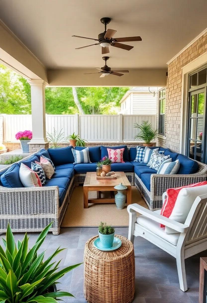 Embrace Coastal charm: Opt for a navy blue sectional paired with whitewashed furniture for a breezy seaside vibe and ample seating space for summer gatherings