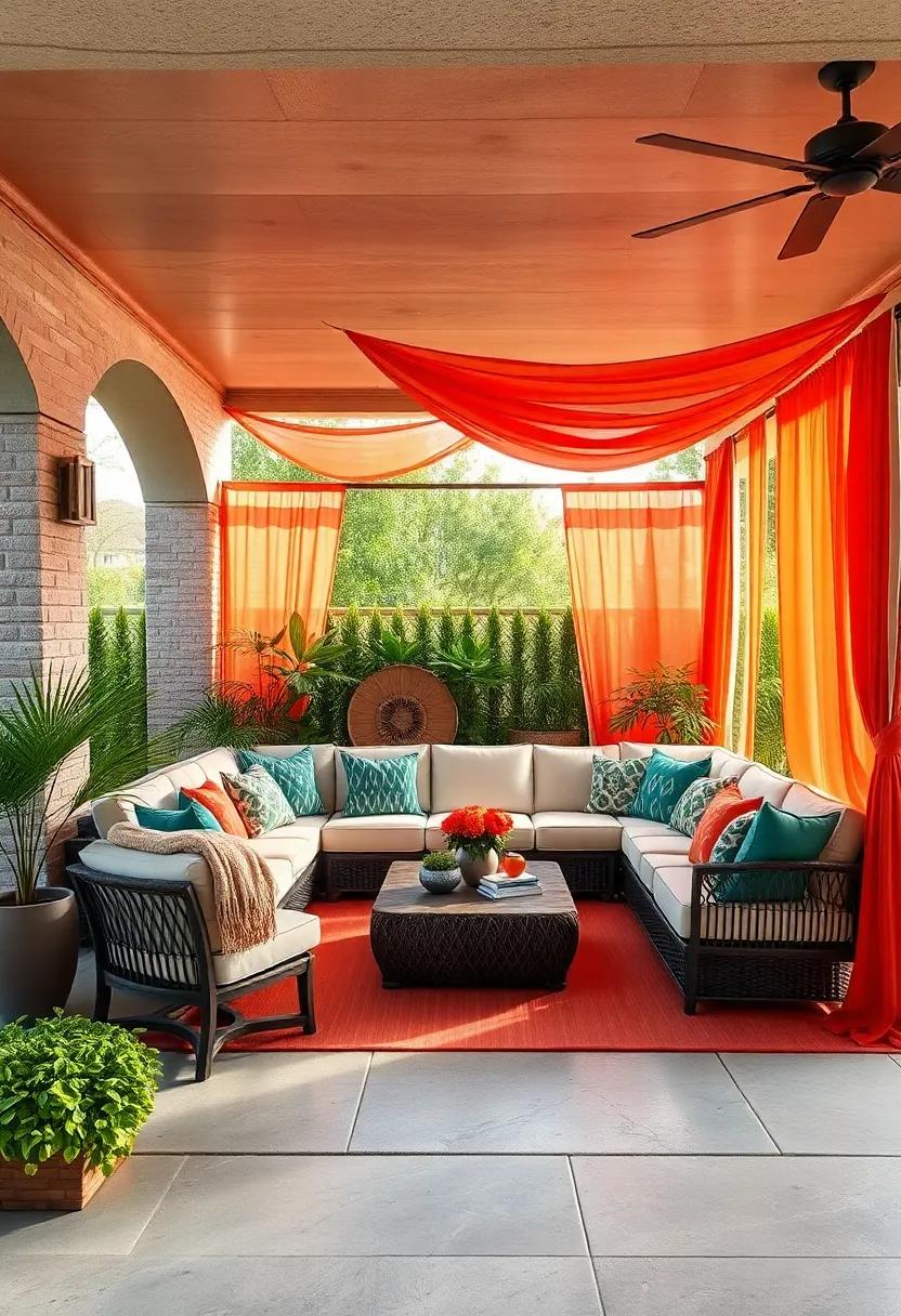 Color-Infused Cabanas: Encase your sectional in colorful drapes or hanging fabric for a private cabana-style feel, perfect for escaping the everyday hustle and bustle