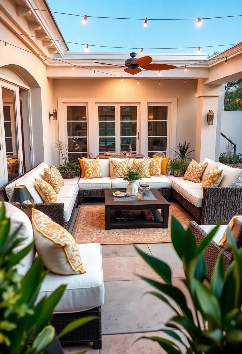 Elegant Entertaining: Set a lavish scene with a white or cream sectional adorned with gold accents and plush throw pillows, creating an upscale space ideal for sophisticated gatherings