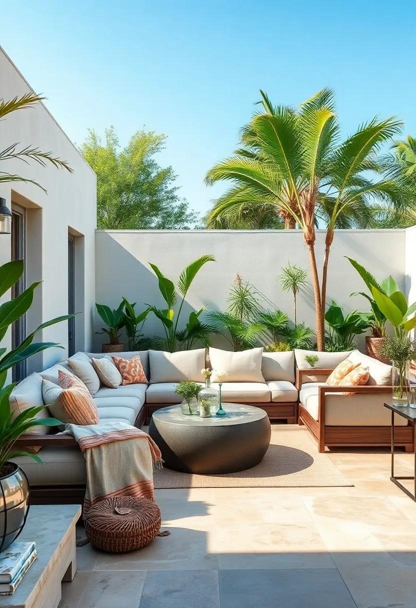 Nature-inspired Oasis: Design a serene setting with a sectional in earthy tones, surrounded by lush greenery and a calming water feature for ultimate tranquility