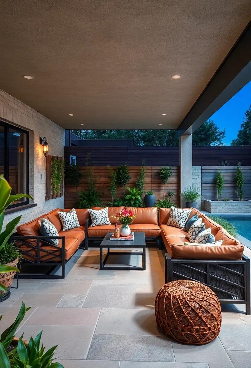 Sleek Industrial Style: Incorporate a metal-frame sectional with rich leather upholstery, providing a rugged, urban vibe while maintaining comfort for outdoor lounging