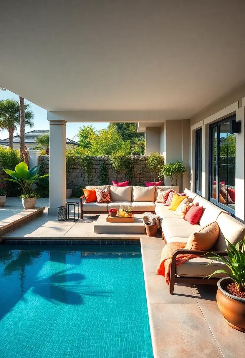 Poolside Paradise: Select a waterproof sectional in bright hues placed strategically around the pool, ideal for warm summer days spent lounging in the sun