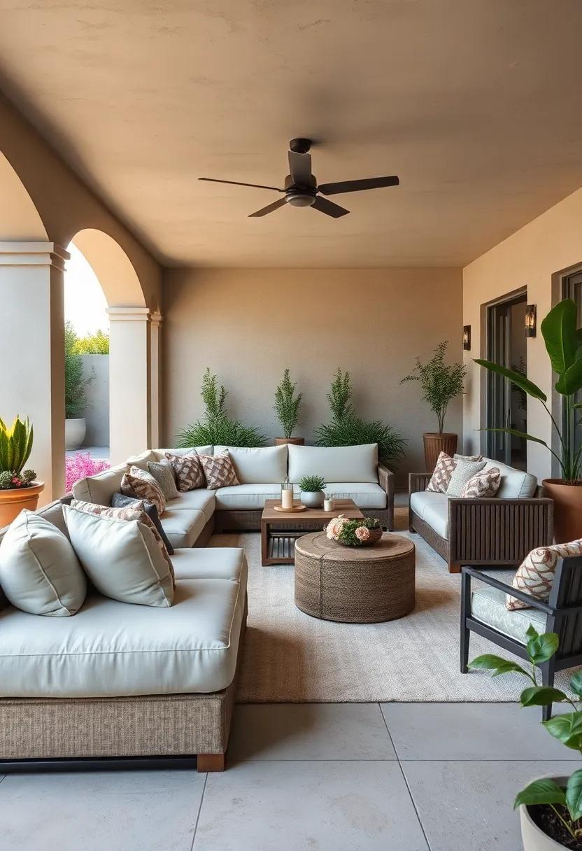 Serenity with Soft Textures: Layer a soft, plush sectional with a variety of fabrics and textures in neutral tones to evoke a sense of peace and comfort in your outdoor space