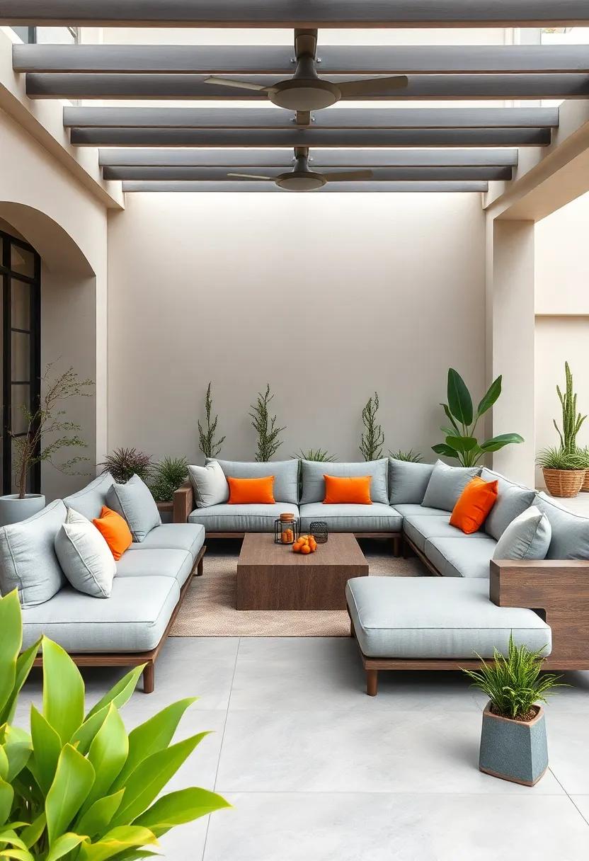 Chic Modern Minimalism: Choose a sleek grey sectional with clean lines and accent pillows in bold colors, merging simplicity with style for a contemporary patio look
