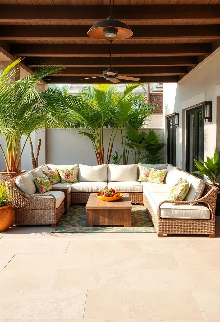 tropical Paradise: Use a sectional adorned with bright, tropical prints and surrounded by lush palms to transport your patio to a sun-soaked getaway