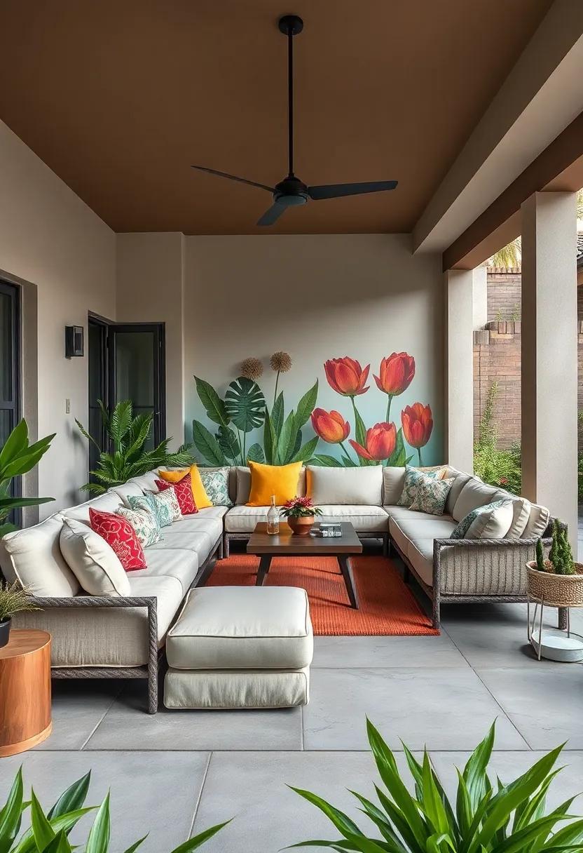 Artful Arrangement: Feature an artistic sectional paired with eclectic decor pieces and a statement mural, showcasing your creativity while maximizing comfort on your patio