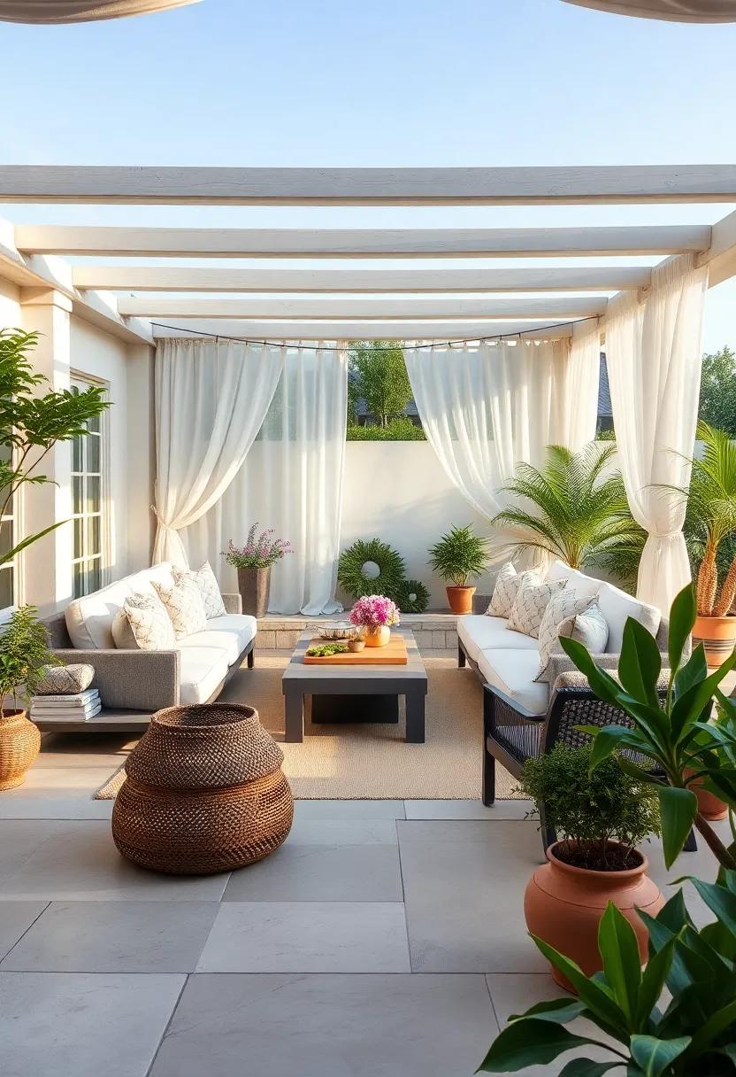 Ethereal White Wonderland: select a purely white sectional with light, airy fabrics, adorned with sheer curtains to create an enchanting, dreamy outdoor escape