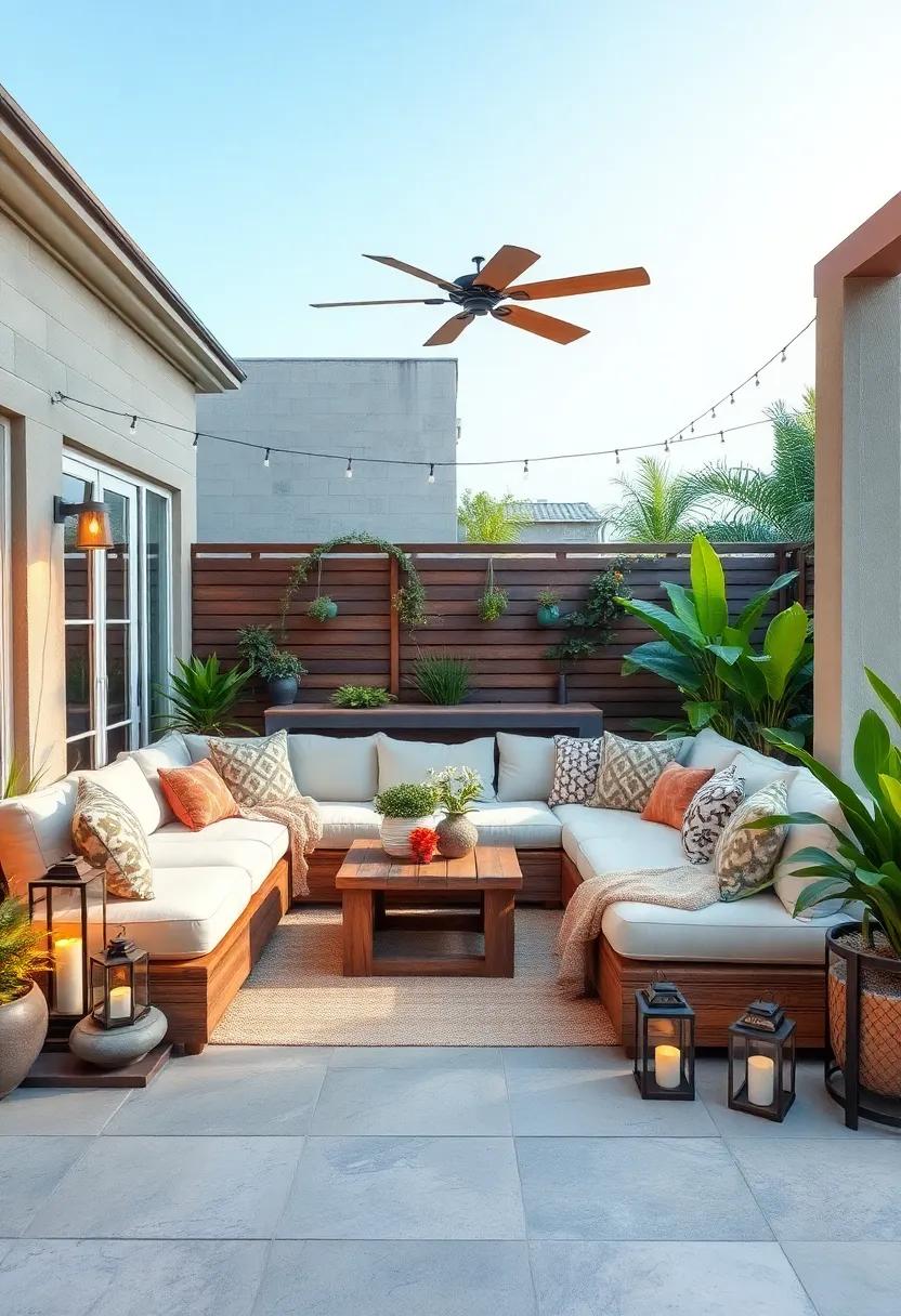 Rustic Retreat: Introduce a large, weathered wood sectional surrounded by potted plants and lanterns, creating an inviting, natural atmosphere perfect for outdoor relaxation