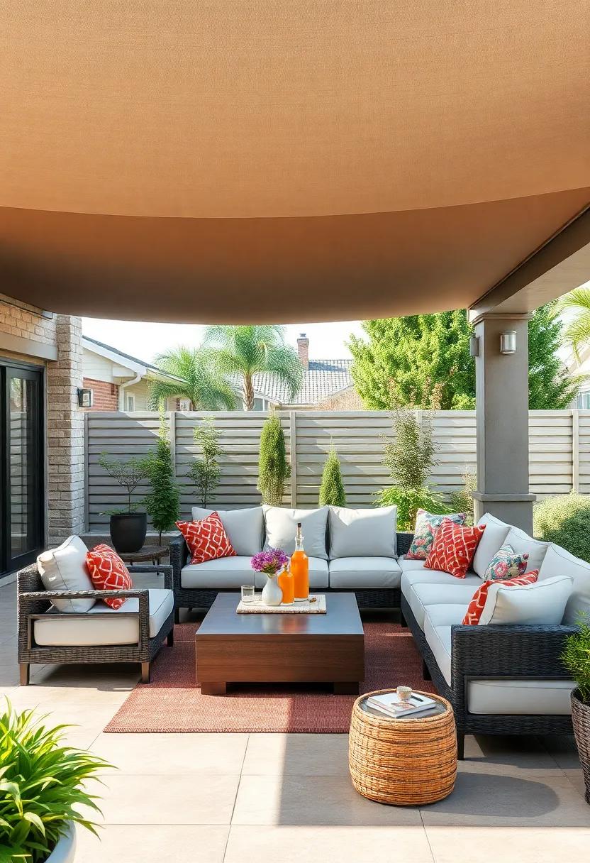 Playful Patterns: Choose a vibrant, patterned sectional that adds a pop of color to your outdoor space, complemented by playful accessories and a bold area rug