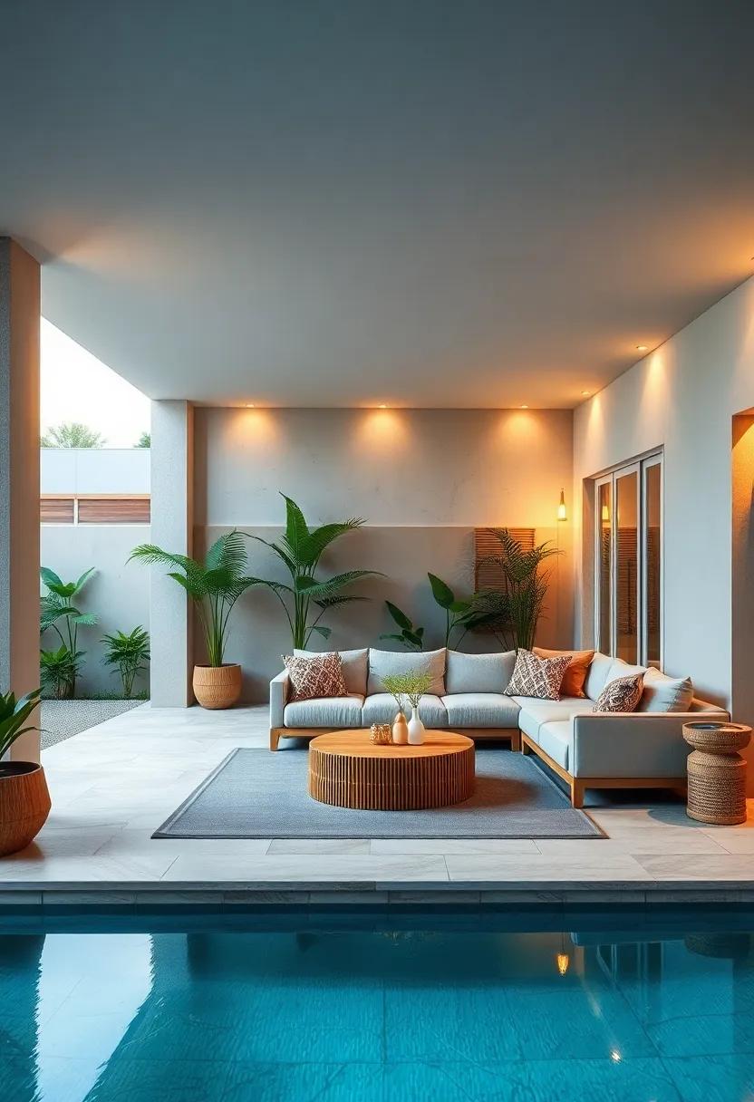 Spa-Like Retreat: Create a zen atmosphere with a sectional upholstered in calming, muted tones, surrounded by bamboo elements and soft lighting for relaxation