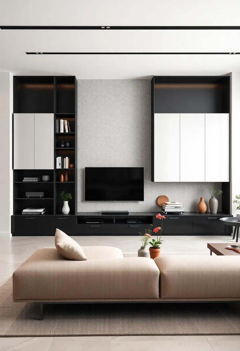 Modern Minimalist: Embrace sleek lines‌ and‍ a​ monochrome palette with a wall ⁢unit that offers‍ a beautiful⁣ blend of open and closed storage,‍ perfect for ⁢showcasing your decor while keeping​ clutter at bay