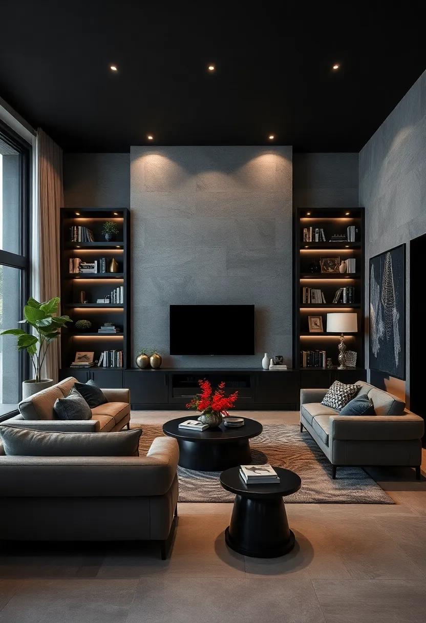 Customized Built-in‍ Shelves: Create bespoke black shelving‍ to display books and decor ⁢items elegantly