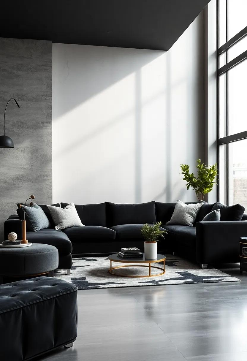 Statement Sofa: Invest​ in a luxurious black velvet sofa that serves as the centerpiece of the room