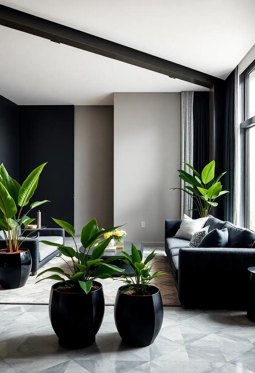 Greenery ⁣Touch: Use black planters⁤ with​ lush green plants to‍ introduce life while maintaining a sleek aesthetic