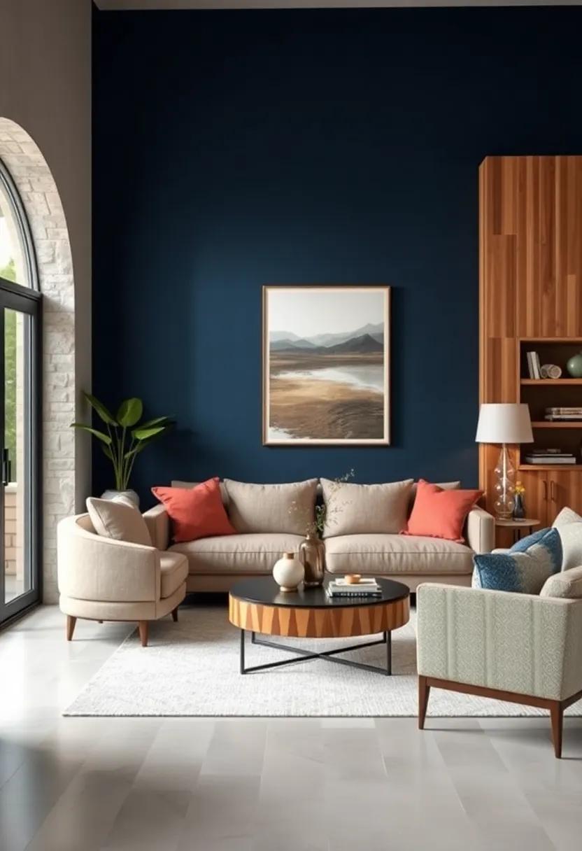 Embrace ⁢a rich⁣ navy blue accent wall paired ​with‌ warm wood tones to ⁢create an‌ inviting atmosphere that balances ⁢elegance ⁢and comfort