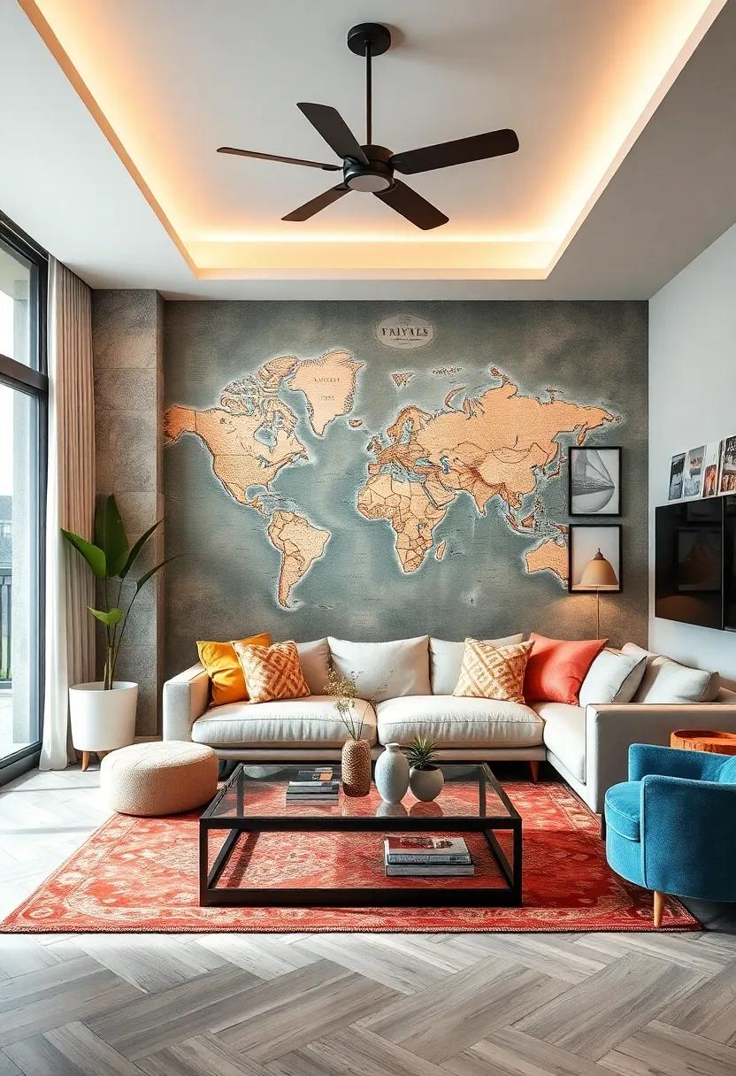 Inspire adventure ‍with a travel-themed accent wall showcasing maps‌ and⁢ art from ​distant lands, ‌making ‌your living room a trove of ‍stories